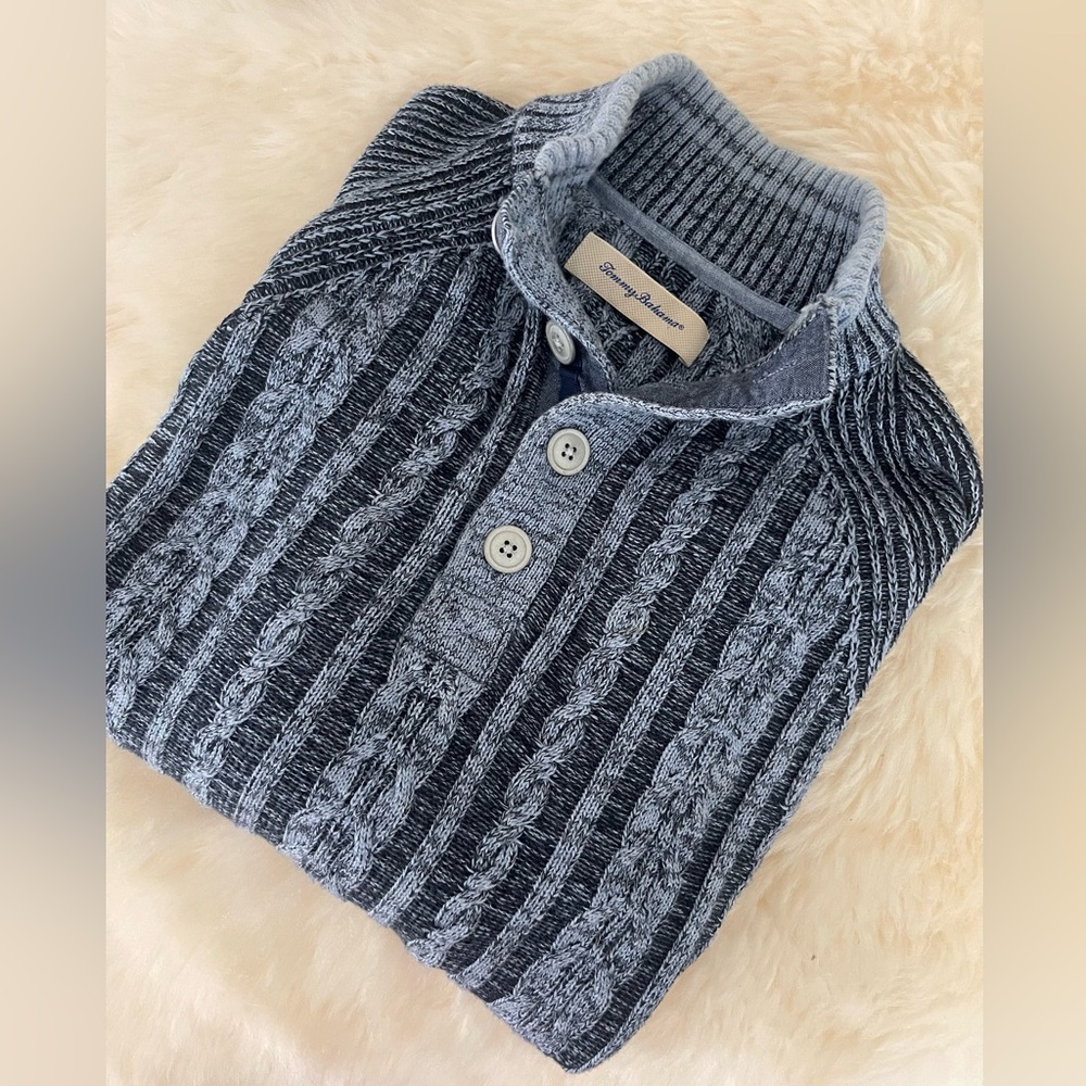 Tommy Bahama Sweater ~ Men’s 1/4 Button blue Cable knit Pima cotton size M